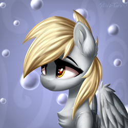 Size: 2500x2500 | Tagged: safe, artist:shido-tara, derpy hooves, pegasus, pony, g4, bubble, bust, cheek fluff, chest fluff, ear fluff, female, high res, mare, portrait, redraw, shoulder fluff, solo