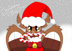 Size: 7016x4961 | Tagged: safe, artist:keksiarts, oc, oc only, oc:autumn splash, hippogriff, absurd resolution, bust, candy, candy cane, christmas, christmas outfit, clip studio paint, cute, digital art, drawing, food, hat, hippogriff oc, holiday, male, santa hat, simple background, snow, snowfall, solo