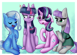 Size: 2800x2000 | Tagged: safe, artist:yoshiyoshi700, boulder (g4), maud pie, starlight glimmer, trixie, twilight sparkle, alicorn, earth pony, pony, unicorn, g4, blue background, cross-popping veins, female, group shot, high res, hoof on chest, mare, signature, sitting, starry eyes, twilight sparkle (alicorn), wingding eyes
