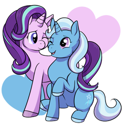 Size: 986x1000 | Tagged: safe, artist:housho, starlight glimmer, trixie, pony, unicorn, g4, cute, diatrixes, female, heart, heart background, lesbian, mare, nuzzling, one eye closed, ship:startrix, shipping, simple background, transparent background