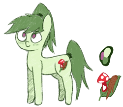 Size: 690x598 | Tagged: safe, anonymous artist, oc, oc only, oc:greenie (xponi), earth pony, pony, fanfic:xponi, cute, female, green pony, leaf, mushroom, ponytail, solo