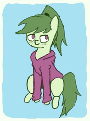 Size: 575x772 | Tagged: safe, anonymous artist, oc, oc only, oc:greenie (xponi), pony, fanfic:xponi, clothes, cute, fanfic art, female, green pony, hoodie, ponytail, simple background, solo