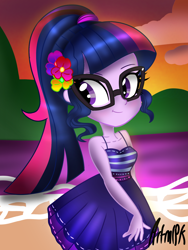 Size: 1536x2048 | Tagged: safe, artist:artmlpk, sci-twi, twilight sparkle, equestria girls, g4, beach, beach dress, blushing, clothes, cloud, cute, dress, female, flower, flower in hair, island, looking at you, looking back, looking back at you, ponytail, scrunchie, sky, solo, summer, summer dress, sundress, sunset, twiabetes, vacation