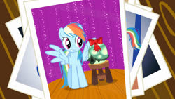 Size: 1280x720 | Tagged: safe, screencap, rainbow dash, tank, pegasus, pony, g4, may the best pet win, bow, female, mare, photo, spread wings, stool, wings