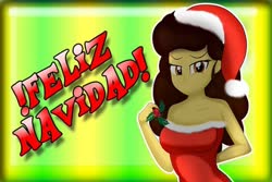 Size: 720x480 | Tagged: safe, artist:danielitamlp, oc, oc only, oc:flower melody, human, equestria girls, g4, bare shoulders, breasts, christmas, female, hat, holiday, holly, holly mistaken for mistletoe, looking at you, merry christmas, mistletoe, santa hat, sleeveless, smiling, solo, spanish, strapless