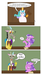 Size: 1081x1922 | Tagged: safe, artist:sixes&sevens, discord, princess celestia, screwball, alicorn, draconequus, pony, g4, comic, folder, frustrated, gavel, necktie, question mark, simple background, trial, whispering