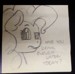 Size: 750x735 | Tagged: safe, artist:cadetredshirt, pinkie pie, earth pony, pony, g4, drink water, female, hydration reminder, looking at you, sketch, solo, suspicious, text, traditional art