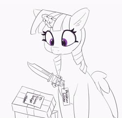 Size: 3561x3440 | Tagged: safe, artist:pabbley, twilight sparkle, alicorn, pony, g4, ear fluff, female, glowing horn, high res, horn, implied ember, knife, looking down, magic, mare, monochrome, partial color, present, simple background, sitting, solo, telekinesis, twilight sparkle (alicorn), white background