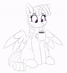 Size: 3785x4096 | Tagged: safe, artist:pabbley, twilight sparkle, alicorn, pony, g4, :p, chocolate, cute, ear fluff, female, food, happy, hot chocolate, mare, monochrome, partial color, simple background, sitting, smiling, solo, spread wings, tongue out, twiabetes, twilight sparkle (alicorn), white background, wings