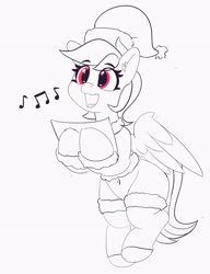 Size: 3148x4096 | Tagged: safe, artist:pabbley, rainbow dash, pegasus, pony, g4, belly button, christmas, christmas carol, clothes, cute, dashabetes, ear fluff, female, happy, hat, holding, holiday, mare, monochrome, music notes, open mouth, partial color, santa hat, simple background, singing, socks, solo, white background