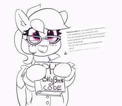 Size: 2819x2445 | Tagged: safe, artist:pabbley, rainbow dash, pegasus, pony, g4, book, clothes, cute, dashabetes, ear fluff, egghead, female, glasses, high res, holding, mare, monochrome, nerd, open mouth, partial color, php, programming, rainbow dork, shirt, simple background, smiling, solo, white background