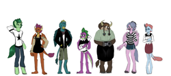 Size: 1446x650 | Tagged: safe, artist:iideekayart, gallus, ocellus, sandbar, silverstream, smolder, spike, yona, changeling, dragon, earth pony, griffon, hippogriff, pony, yak, fanfic:check mate, g4, character line up, dragoness, fanfic art, female, simple background, student six, white background