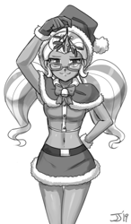 Size: 800x1374 | Tagged: safe, artist:johnjoseco, sugarcoat, equestria girls, g4, belly button, christmas, clothes, costume, female, glasses, gloves, grayscale, hat, holiday, looking at you, midriff, mistletoe, monochrome, santa costume, santa hat, simple background, sketch, smiling, smirk, solo, white background
