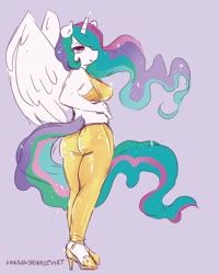 Size: 2000x2500 | Tagged: safe, artist:rainbowsprinklesart, princess celestia, alicorn, anthro, plantigrade anthro, g4, boobs and butt pose, clothes, female, high heels, high res, looking at you, looking back, midriff, shoes, signature, simple background, smiling