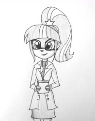 Size: 1316x1676 | Tagged: safe, artist:tjpones, sci-twi, twilight sparkle, equestria girls, g4, clothes, coat, dress, female, monochrome, scarf, simple background, smiling, solo, traditional art, white background