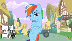 Size: 900x506 | Tagged: safe, edit, rainbow dash, pony, g4, background edit, car, crossed arms, grand theft auto, gta v, logo, looking at you, wallpaper