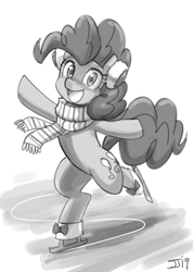 Size: 800x1124 | Tagged: safe, artist:johnjoseco, pinkie pie, earth pony, pony, g4, clothes, earmuffs, female, grayscale, ice skating, looking at you, monochrome, scarf, sketch, solo
