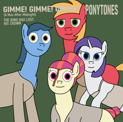 Size: 1000x990 | Tagged: safe, artist:didgereethebrony, big macintosh, rarity, toe-tapper, torch song, earth pony, pony, unicorn, g4, 1000 hours in ms paint, abba, album cover, dead stare, gimme! gimme! gimme! (a man after midnight), parody, ponytones, wtf