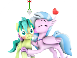 Size: 1280x960 | Tagged: safe, artist:pika-robo, sandbar, silverstream, hippogriff, pony, g4, 3d, blushing, cheek kiss, christmas, cute, diastreamies, female, frown, heart, holiday, jewelry, kissing, male, mistletoe, necklace, out of context, sandabetes, ship:sandstream, shipping, simple background, source filmmaker, straight, surprise kiss, surprised, teenager, thousand yard stare, transparent background, wide eyes