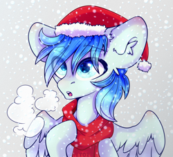 Size: 2200x2000 | Tagged: safe, artist:etoz, oc, oc only, oc:sports news, pegasus, pony, christmas, clothes, cold, commission, eyebrows, hat, high res, holiday, male, pegasus oc, santa hat, scarf, snow, snowfall, solo, stallion, wingding eyes, ych result