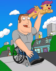 Size: 1128x1419 | Tagged: safe, artist:earthquake87, scootaloo, human, g4, assisted flying, chainsaw, city, cityscape, cloud, crossover, ernie the giant chicken, family guy, friendship, happy, house, joe swanson, male, open mouth, outdoors, peter griffin, sidewalk, wheelchair