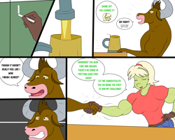 Size: 3071x2472 | Tagged: safe, artist:matchstickman, granny smith, oc, unnamed oc, earth pony, minotaur, anthro, comic:free cider, g4, biceps, breasts, busty granny smith, chalkboard, cider, clothes, comic, dialogue, duo, female, gloves, granny smash, gripping, high res, male, mare, mug, muscles, shirt, simple background, white background, young granny smith, younger