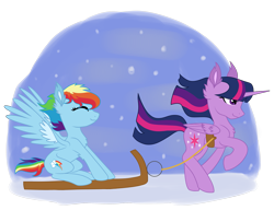 Size: 2341x1802 | Tagged: safe, artist:koloredkat, rainbow dash, twilight sparkle, alicorn, pegasus, pony, g4, chest fluff, ear fluff, eyes closed, female, harness, lesbian, mare, pulling, running, ship:twidash, shipping, sled, sledding, smiling, snow, spread wings, tack, twilight sparkle (alicorn), wings