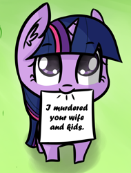 Size: 1080x1419 | Tagged: safe, artist:artiks, edit, twilight sparkle, pony, g4, female, grimcute, implied murder, mare, mouth hold, note, solo