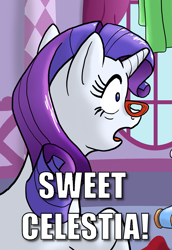 Size: 817x1189 | Tagged: safe, artist:muffinshire, edit, rarity, pony, g4, caption, cropped, female, glasses, image macro, rarity's glasses, reaction image, shocked, solo, sweet celestia, text