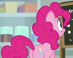 Size: 1115x884 | Tagged: safe, screencap, pinkie pie, earth pony, pony, g4, the last laugh, balloonbutt, butt, chalkboard, cropped, female, mare, plot, smiling, solo