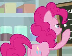 Size: 1155x899 | Tagged: safe, screencap, pinkie pie, earth pony, pony, g4, the last laugh, balloonbutt, butt, chalkboard, cropped, female, mare, plot, raised hoof, solo