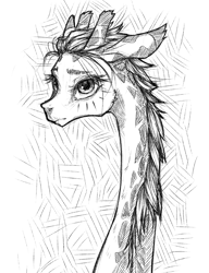 Size: 1000x1305 | Tagged: safe, artist:madhotaru, oc, oc only, oc:twiggy, giraffe, abstract background, black and white, bust, grayscale, monochrome, portrait, solo
