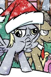 Size: 288x432 | Tagged: safe, artist:agnesgarbowska, edit, editor:serhio339, idw, derpy hooves, doctor whooves, time turner, earth pony, pegasus, pony, g4, ponyville mysteries, spoiler:comic, spoiler:comicponyvillemysteries4, :c, >:c, angry, christmas, cute, derpabetes, frown, hat, holiday, madorable, santa hat, snow, snowfall, spread wings, wings, winter