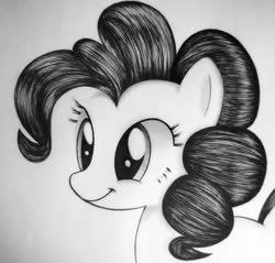 Size: 1678x1602 | Tagged: source needed, safe, artist:names76, pinkie pie, pony, g4, bust, cute, diapinkes, female, monochrome, sketch, smiling, solo, traditional art