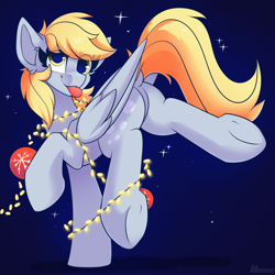 Size: 3000x3000 | Tagged: safe, artist:shadowreindeer, derpy hooves, pegasus, pony, g4, butt, christmas, christmas lights, dock, featureless crotch, female, high res, holiday, mare, plot, solo, tongue out