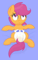 Size: 1280x2020 | Tagged: safe, artist:zalakir, scootaloo, pegasus, pony, g4, diaper, diaper fetish, female, fetish, filly, looking at you, lying down, lying on bed, non-baby in diaper, on back, peeing in diaper, solo, urine, used diaper, wet diaper, young