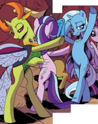 Size: 425x540 | Tagged: safe, artist:pencils, discord, ocellus, starlight glimmer, thorax, trixie, twilight sparkle, alicorn, changedling, changeling, pony, g4, idw, spoiler:comic, spoiler:comic84, bipedal, comic, cropped, dancing, disguise, disguised changeling, king thorax, twilight sparkle (alicorn)