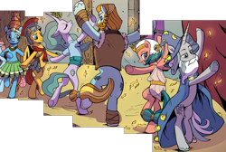 Size: 1244x836 | Tagged: safe, artist:pencils, idw, flash magnus, meadowbrook, mistmane, ocellus, rockhoof, somnambula, star swirl the bearded, changedling, changeling, earth pony, pegasus, pony, unicorn, g4, spoiler:comic, spoiler:comic84, awkward, awkward moment, bipedal, comic, cropped, curved horn, cute, dancing, disguise, disguised changedling, disguised changeling, ethereal mane, ethereal tail, horn, meadowcute, mistabetes, pillars of equestria, somnambetes, tail