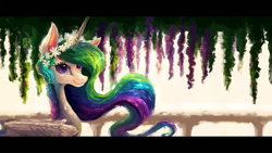 Size: 1920x1080 | Tagged: safe, artist:plainoasis, princess celestia, alicorn, pony, g4, balcony, beautiful, digital art, female, floral head wreath, flower, flower in hair, flowing hair, flowing mane, folded wings, looking at you, mare, multicolored hair, multicolored mane, pink eyes, smiling, smiling at you, solo, wings