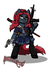 Size: 753x1110 | Tagged: safe, artist:n-o-n, oc, oc only, oc:jessi-ka, semi-anthro, ar-15, arm hooves, baby doll, bipedal, clothes, cosplay, costume, gun, mary janes, midriff, pleated skirt, rifle, school uniform, schoolgirl, shoes, shoulder holster, simple background, skirt, socks, sucker pony, sucker punch, sword, thigh highs, weapon, white background