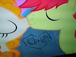 Size: 4160x3120 | Tagged: safe, screencap, bright mac, pear butter, earth pony, pony, g4, the perfect pear, close-up, cropped, eyes closed, heart, kiss on the lips, kissing, love, low quality, marriage, married, married couple, picture of a screen