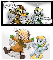 Size: 2346x2634 | Tagged: safe, artist:neoncabaret, derpy hooves, oc, oc:mel, human, comic:derpy's wish, g4, clothes, comic, comparison, draw this again, eyes closed, high res, open mouth, redraw, remake, scarf