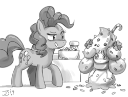 Size: 1200x916 | Tagged: safe, artist:johnjoseco, pinkie pie, alcremie, earth pony, pony, g4, candy, candy cane, food, grayscale, imminent vore, monochrome, pokémon, pokémon sword and shield, request, signature, simple background, sprinkles, this will end well, tongue out, white background