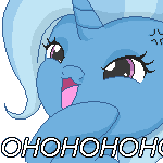 Size: 150x150 | Tagged: safe, artist:jdan-s, edit, trixie, pony, unicorn, g4, animated, cropped, female, gif, laughing, noblewoman's laugh, reaction image, solo, text