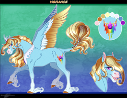 Size: 1331x1030 | Tagged: safe, artist:bijutsuyoukai, oc, oc only, oc:vibrance, pegasus, pony, colored wings, female, mare, multicolored wings, offspring, parent:prince blueblood, parent:rainbow dash, parents:bluedash, reference sheet, solo, unshorn fetlocks, wings