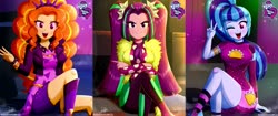 Size: 2435x1024 | Tagged: safe, artist:the-butch-x, edit, editor:thomasfan45, adagio dazzle, aria blaze, sonata dusk, human, equestria girls, equestria girls series, find the magic, g4, spoiler:eqg series (season 2), adoragio, ariabetes, ascot, beautiful, blushing, boots, butch's hello, clothes, crossed arms, crossed legs, cute, description is relevant, disguise, disguised siren, dress, equestria girls logo, evil grin, female, grin, headband, jacket, legs, looking at you, minidress, one eye closed, open mouth, peace sign, pigtails, polka dots, ponytail, sexy, shoes, signature, sitting, smiling, smiling at you, smirk, socks, sonatabetes, taco dress, talking, talking to viewer, the dazzlings, thighs, trio, trio female, twintails, wink, wristband