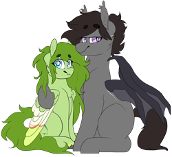 Size: 1796x1642 | Tagged: safe, artist:cold blight, artist:liefsong, oc, oc only, oc:lief, oc:windwalker, bat pony, hybrid, pegasus, pony, 2020 community collab, derpibooru community collaboration, beanbrows, colored wings, couple, cute, eyebrows, floppy ears, male, multicolored wings, scar, simple background, sitting, smiling, transparent background, windsong, wings