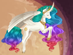 Size: 900x675 | Tagged: safe, artist:redded, princess celestia, alicorn, pony, g4, crown, curved horn, eyes closed, female, hoof shoes, horn, horn jewelry, jewelry, mare, peytral, regalia, solo