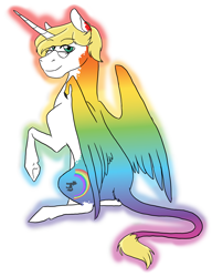 Size: 1652x2148 | Tagged: safe, artist:phobicalbino, oc, oc only, oc:bonniecorn, alicorn, pony, alicorn oc, colored wings, female, glasses, goddess, horn, leonine tail, looking over shoulder, mare, multicolored wings, rainbow wings, raised hoof, simple background, sitting, solo, white background, wing claws, wings