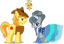 Size: 2092x1455 | Tagged: safe, braeburn, marble pie, g4, beautiful, braeble, christmas, clothes, cute, dress, female, handsome, hat, hearth's warming, heartwarming, holiday, male, marblebetes, mistleholly, romance, romantic, shipping, shy, smiling, straight